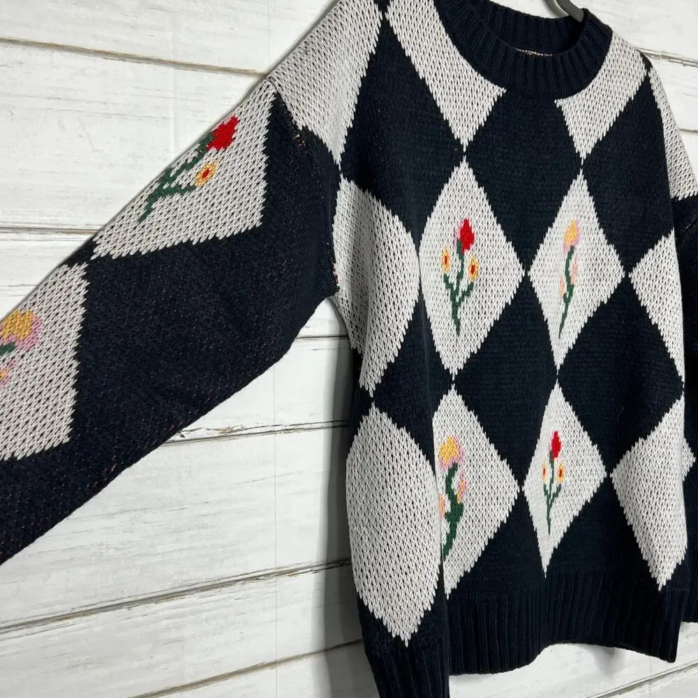 Klesis Argyle Floral Knit Sweater Navy White Diamond Pattern Pullover Small
